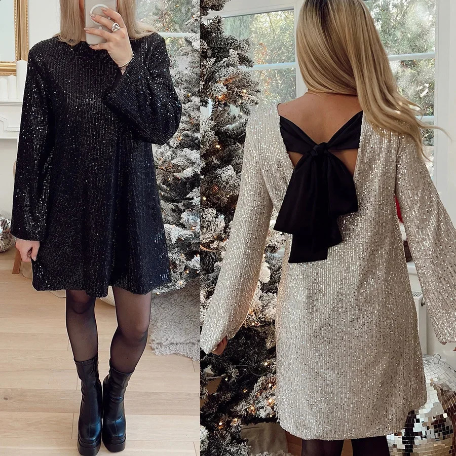 Womens SXL Size Autumn and Winter Christmas Party Sequin Dress INS Casual Loose Lacing Fashion Slimming Versatile 241107Z
