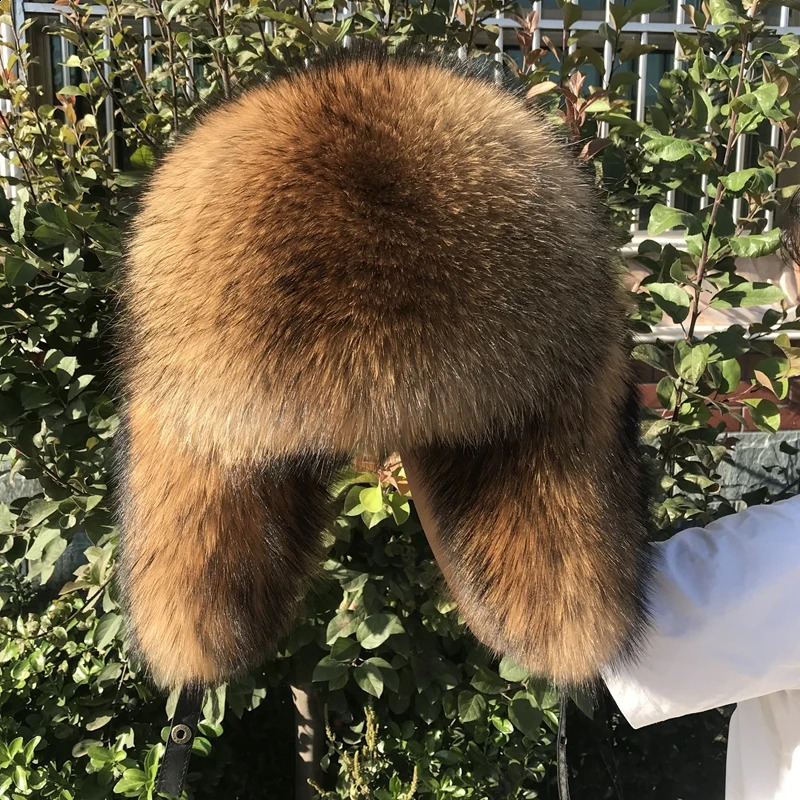100% Raccoon Hat Full Hat Mens Fur Ear Protection Winter Thickened Warmth Mens Russian Hat 241120