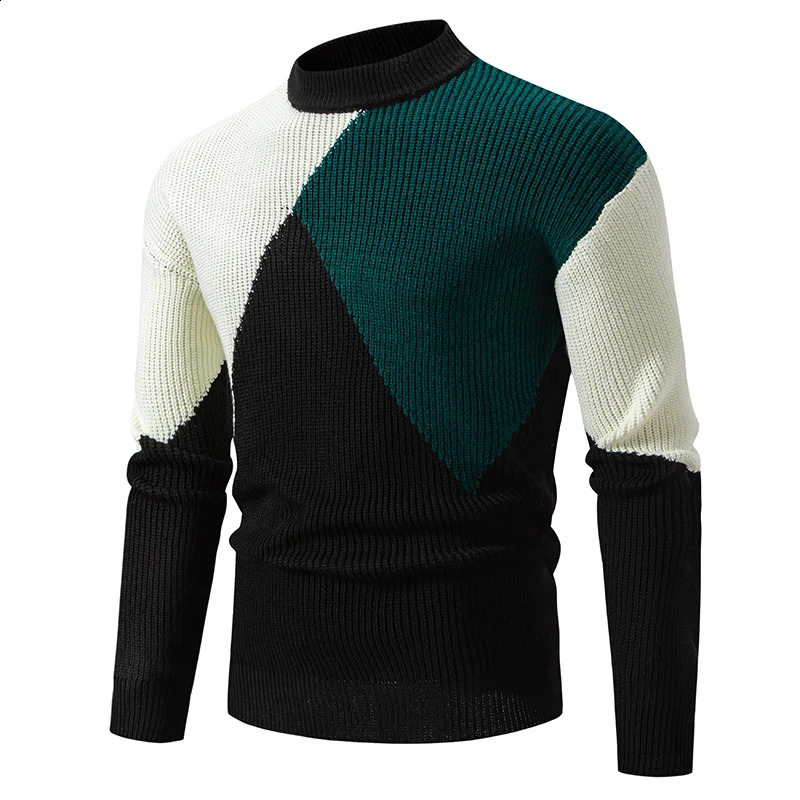 Autumn Winter Mock Neck Knit Pullovers Men Patchwork Casual Warm Sweater Fashion Slim Fit Mens Knitted Pullover Sweaters 241107Z