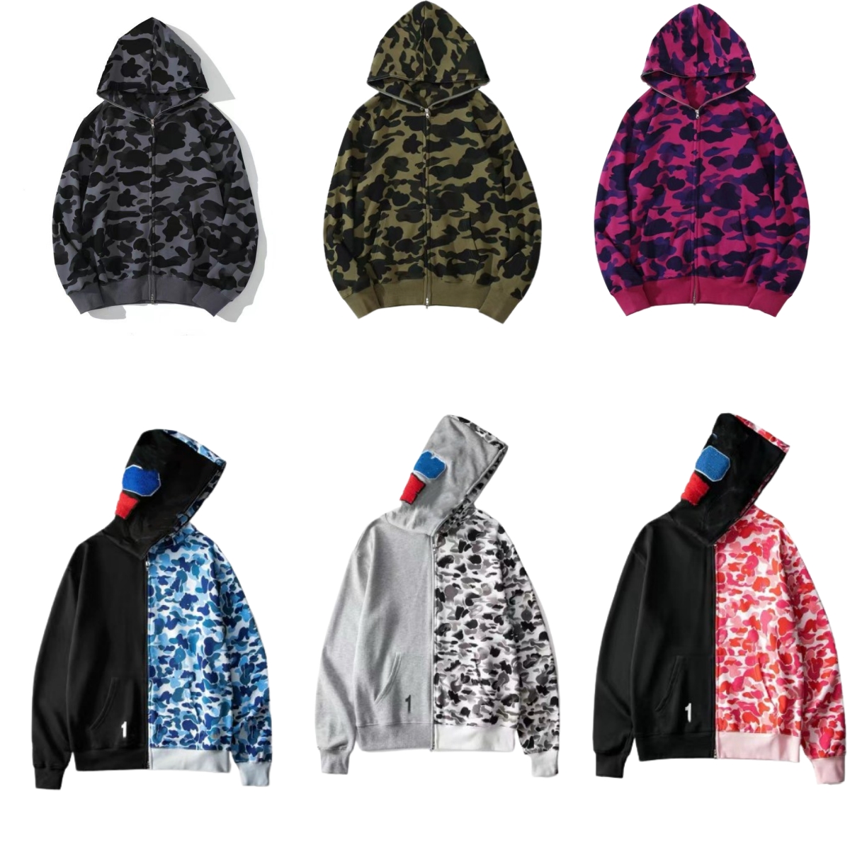 Mens Designer Hoodie Full Zip Up Hoodies for Woman Black Camouflage shark Jacket Hoody Hooded Sweatshirt Man Womens Sweater Long Sleeve-image-968151989
