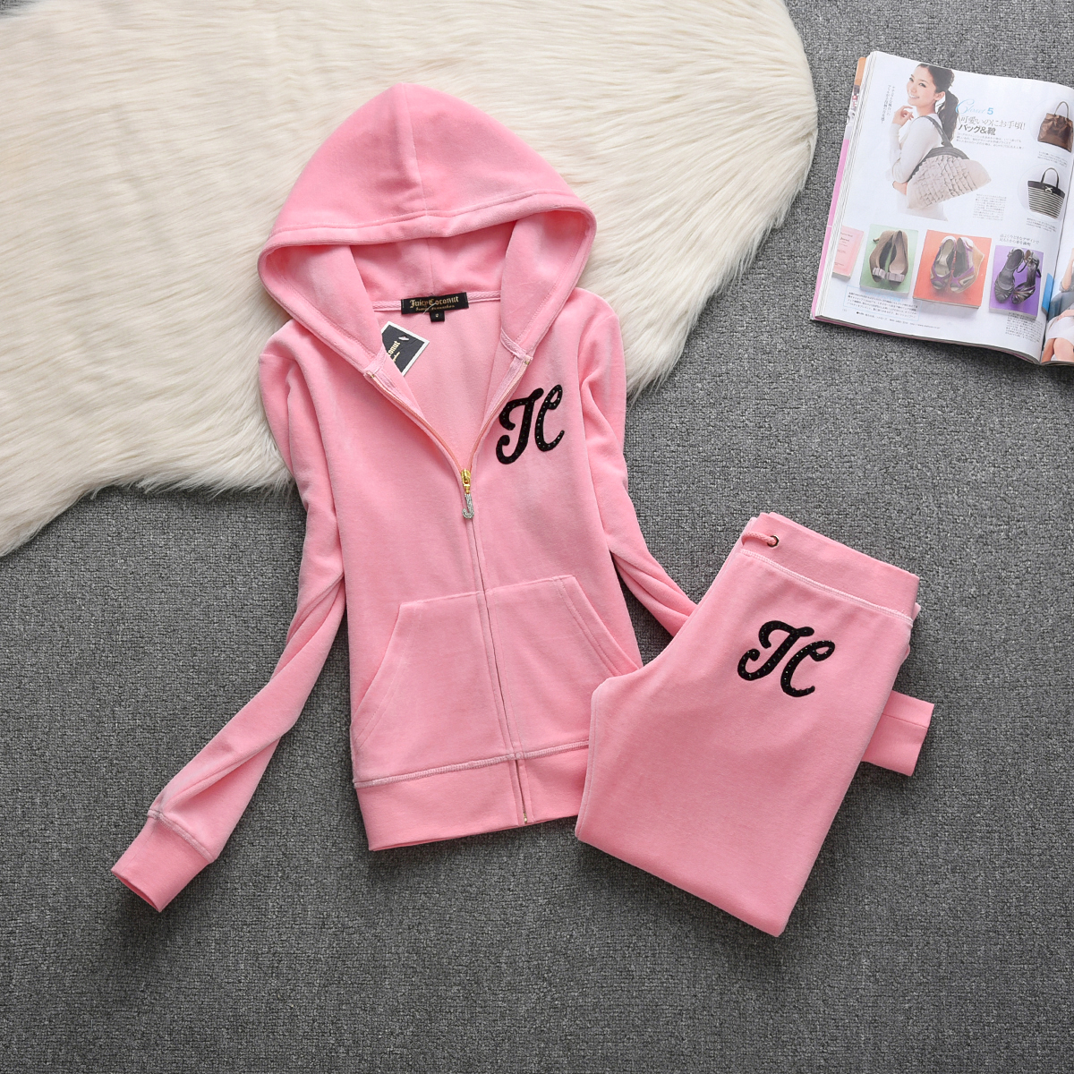 Y2K Survêtement en velours pour femme 2024 Printemps/Automne Juicy Conture Survêtement Veste et Pantalon droit Costume Ensemble Deux Pièces