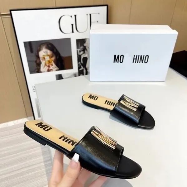 Black designer leather slippers moschi sliders women sandal Casual metallic slide m sandals mule flat flip flops outdoors Sandale Summer Beach Slipp