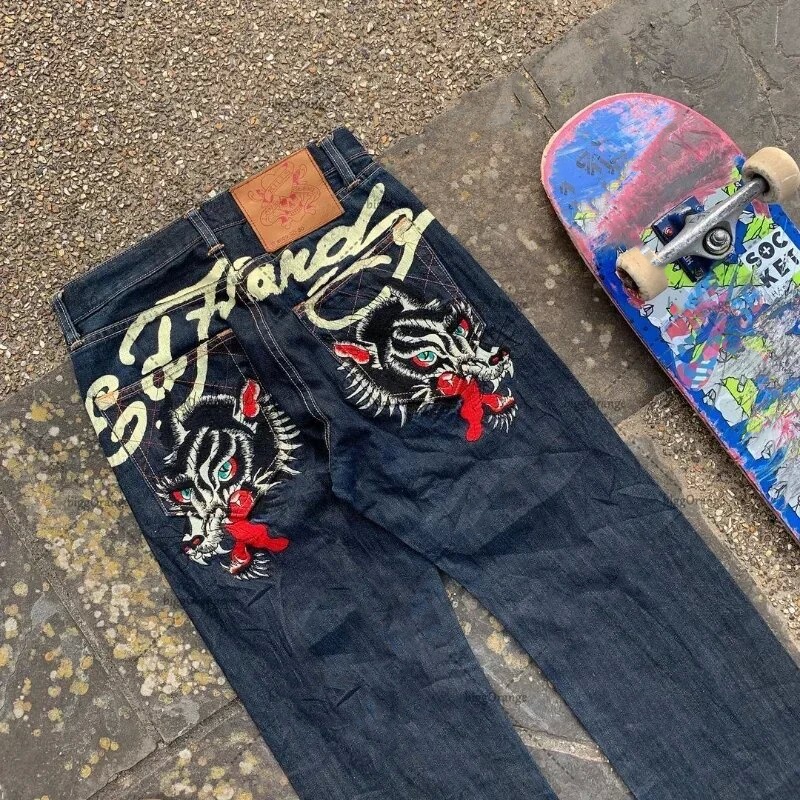 Men's Jeans Retro Ed Hardies Letter Graphic Y2k Hip Hop printed Baggy Casual Joggers Women Streetwear sports Micro Stretch Pants High Street Vi