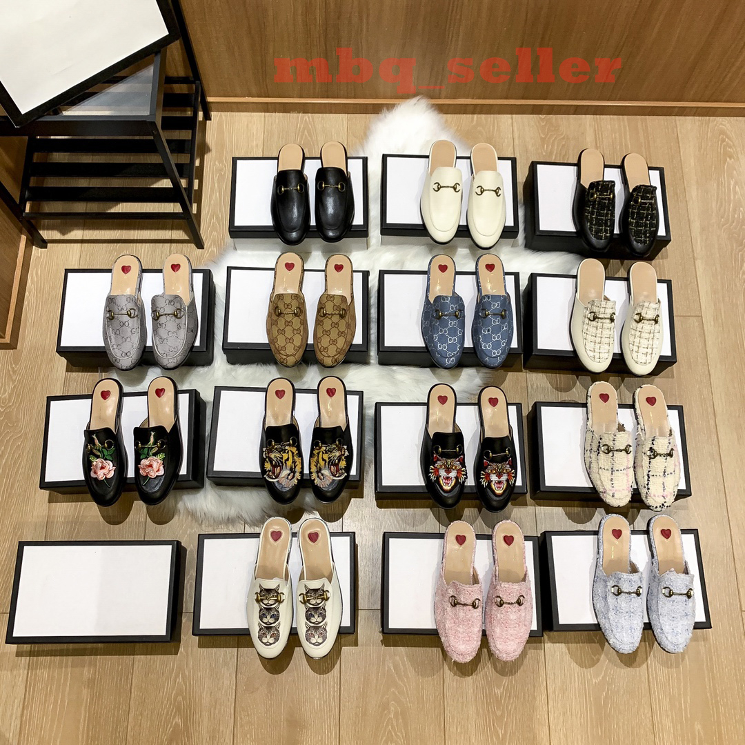 With box Women Leather Slippers Princetown Loafers Embroidery Sandals Canvas slipper designer shoes luxury slides Fashion Half Slipper