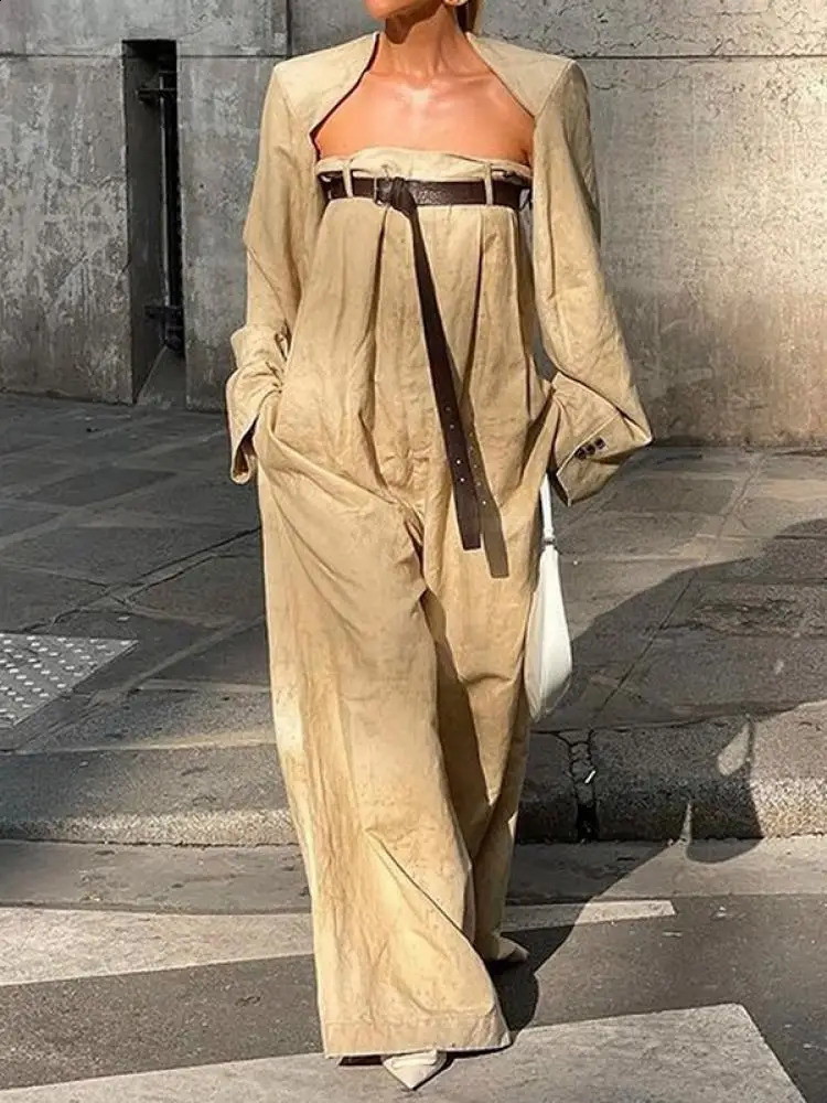 Yeezzi Female Fashion Long Sleeves Collarless Outerwear Tops Strapless Wide Leg Tube Belted Jumpsuits Two Pieces Sets 241121