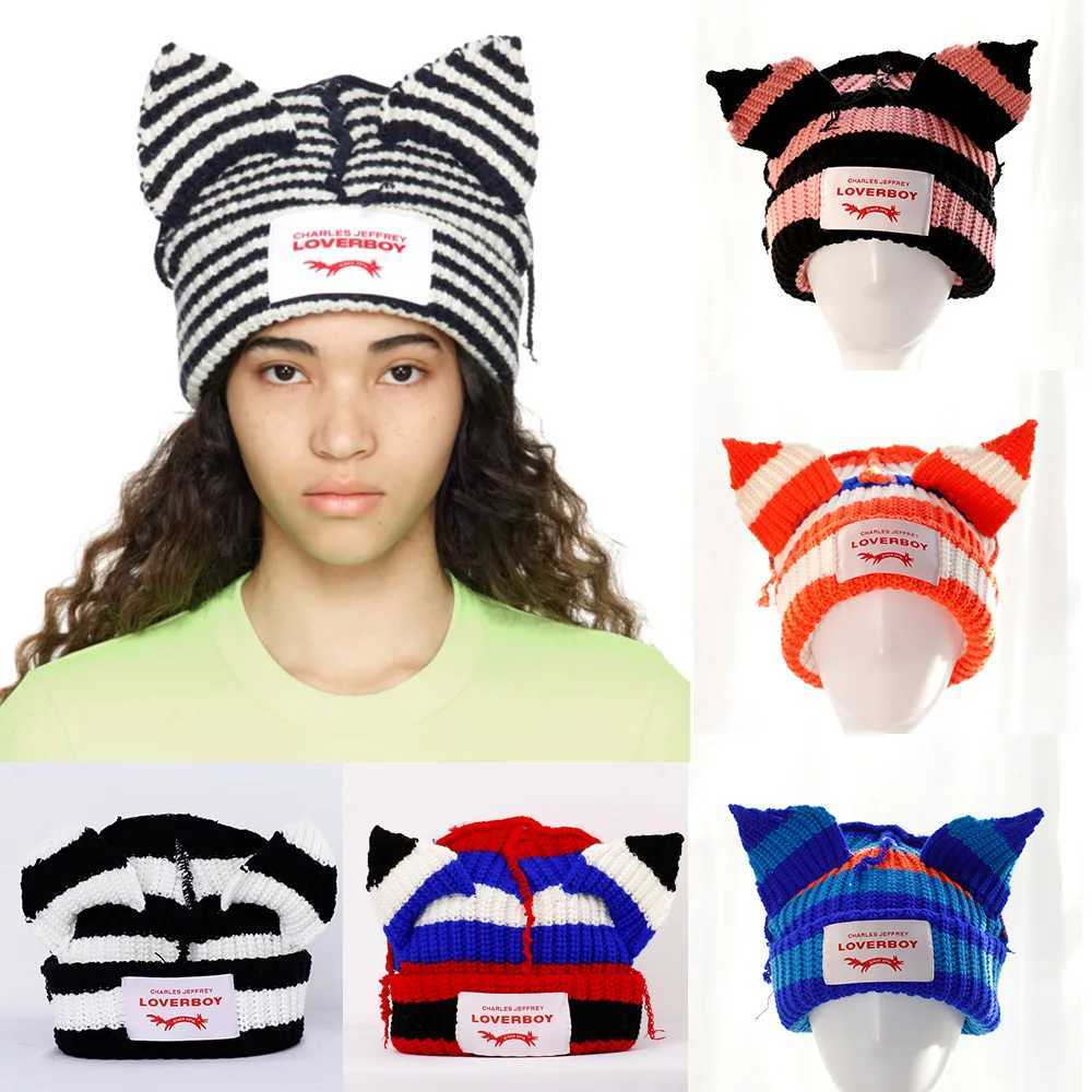 Banie / Caps de crâne 2024 Nouveau sweat à sweat de mode mignon Lover Boy Oreille Tricot Double couche chaude Fox Eore Wool Hat Niche Design Hip