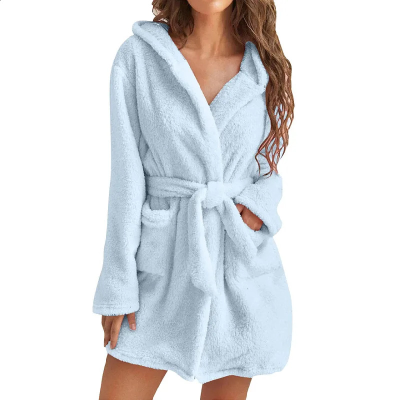 Solid color plush pajamas solid hooded home warm bathrobe for women 241121 9d