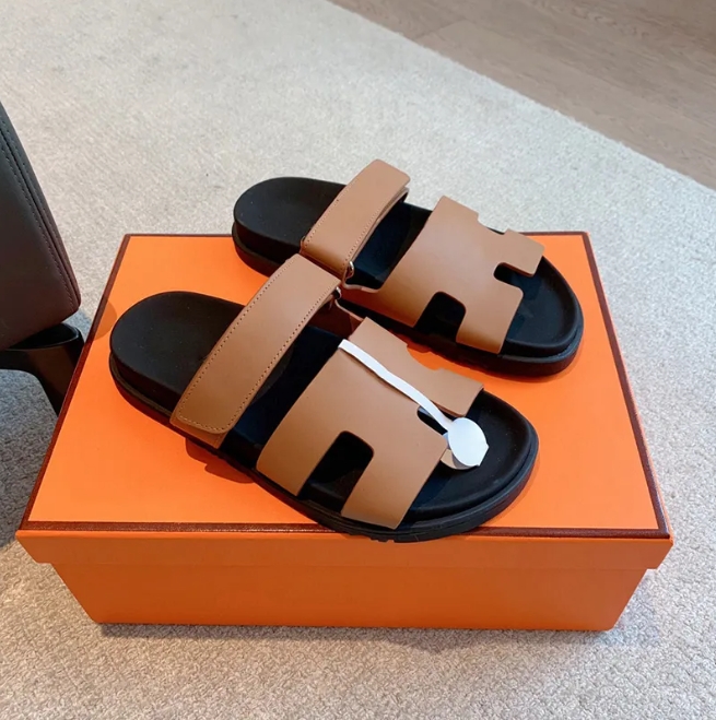 Designer High quality suede H cutout slide open toes sandals Luxury adjustable Velcro straps lightweight flat casual shoe Men's Women's su