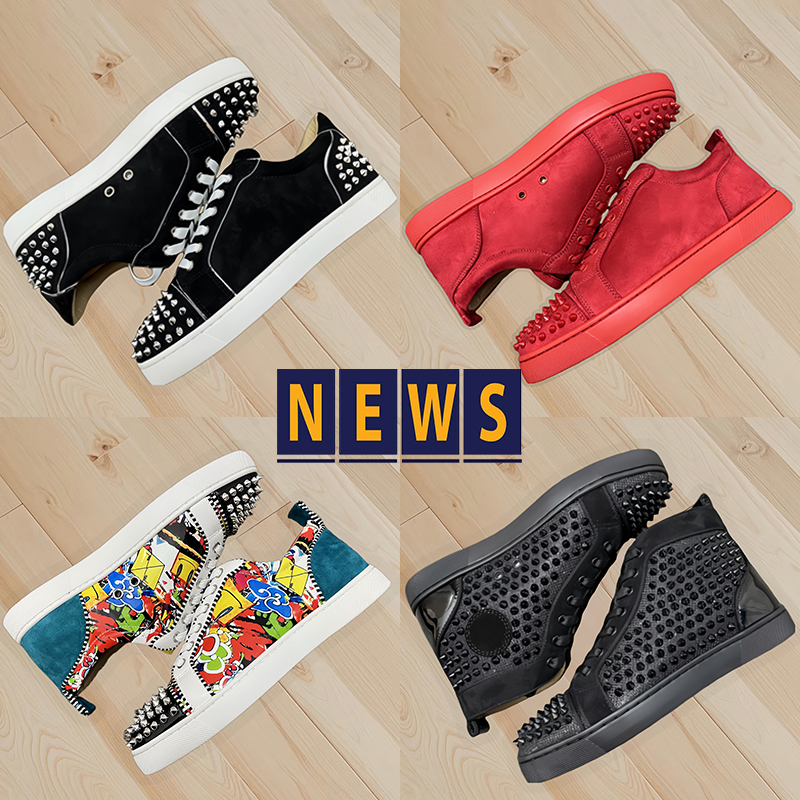 Top Quality mens designer shoes Lace-up Spikes Flat casual sneakers Hi Black white Red Graffiti Genuine Smoke Grey casual shoe luxury men women b