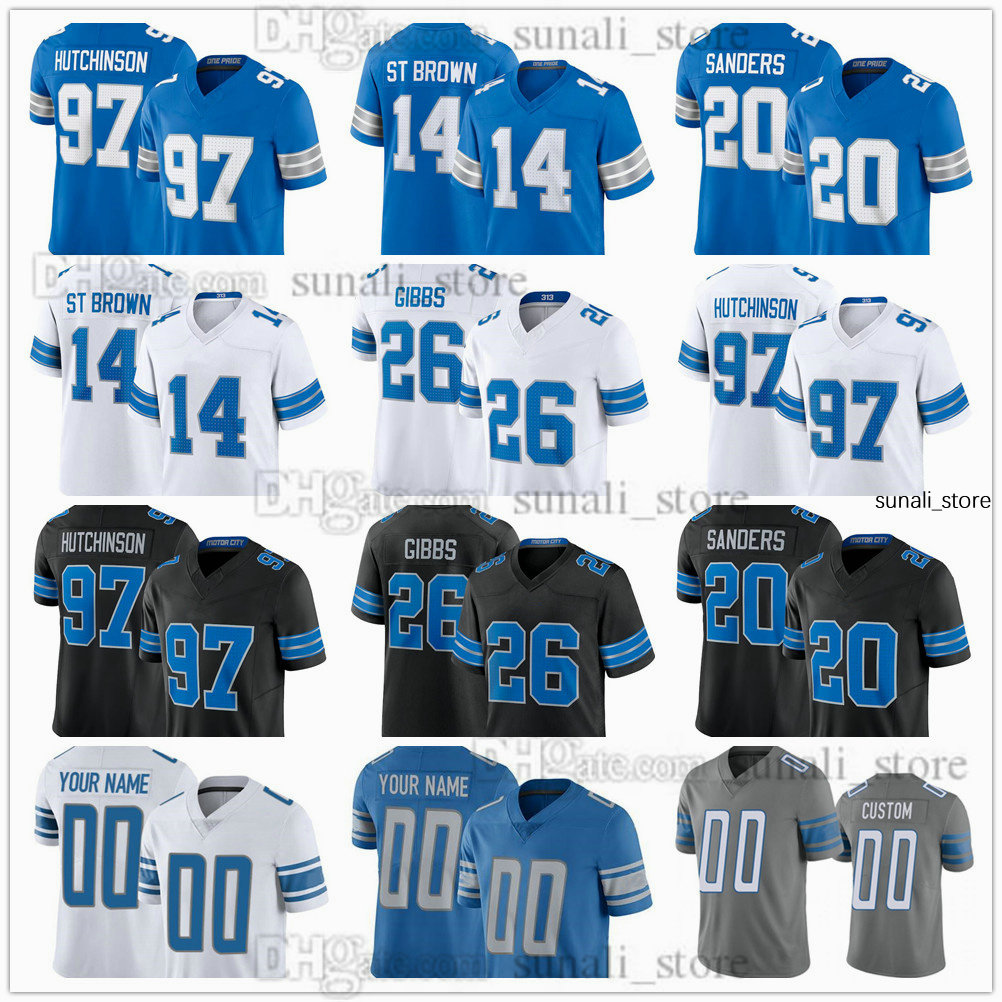 Football Jerseys New Jerseys For 2024 Football 97 AidanHutchinson 20 Barry Sanders 16 Jared Goff 14 AmonRa St Brown 26 Jahmyr Gibbs 44 Malcolm Ro-image-996413816