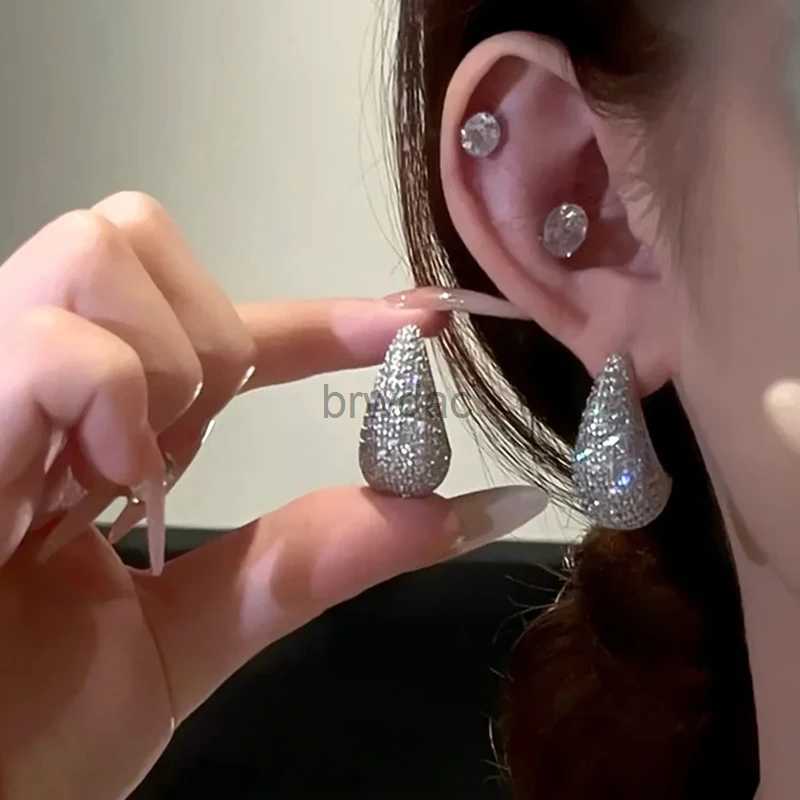Dangle Chandelier Vintage Gold Color Plated Chunky Dome Drop Earrings for Women Glossy Stainless Steel Thick Zircon Inlaid Teardrop Earring d2403-image-968623879
