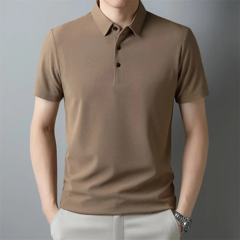 Mens Fashion Waffle Solid Short Sleeved Polo Shirt Summer Breathable Comfortable Top 240412