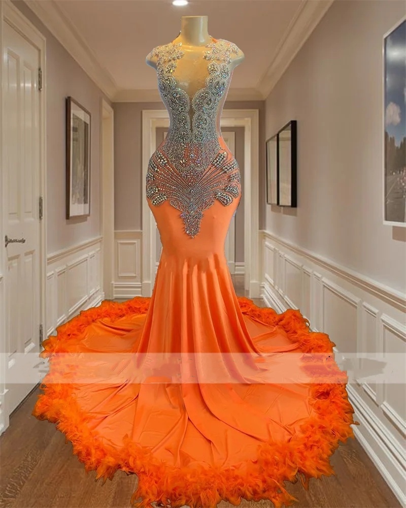 Prom de sirène orange scintillant 2024 pour les filles noires Gliter Beads Robes de soirée plumes robes de soirée Robes de fête d'anniversaire