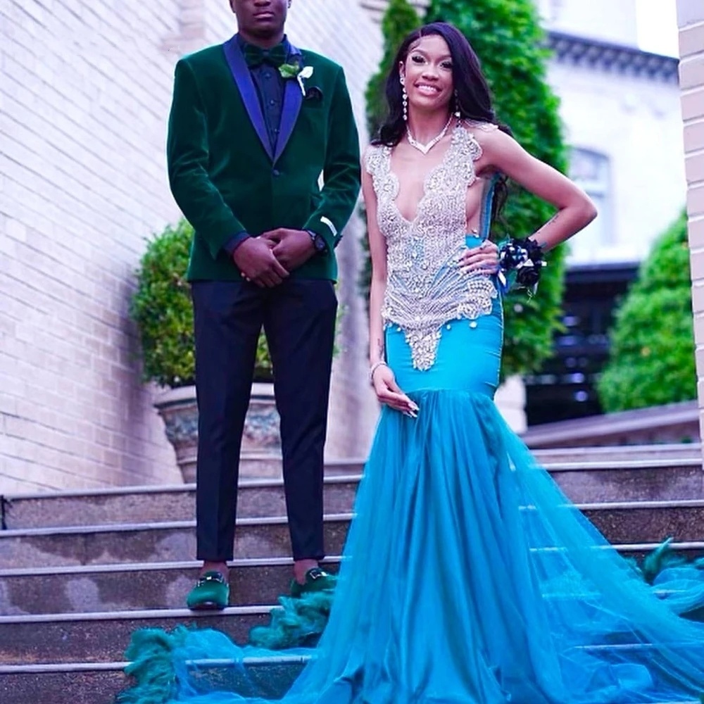 Sexy Blue Satin Long Sirène Prom 2024 Sier Crystals Crystals Black Girls Party Party Robe Aso Ebi Robe de soirée
