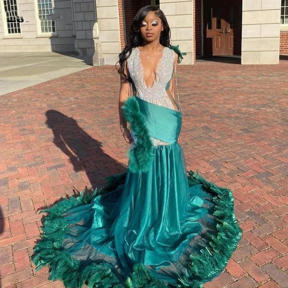 Green Long Mermaid Prom 2024 Sier Crystals Crystals Black Girls Party Party Robe Aso Ebi Robe de soirée