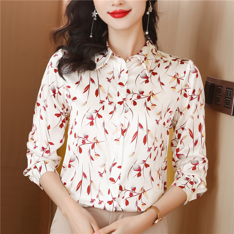 Luxury Floral Silk Shirt Long Sleeved Women Designer Lapel Neck White Blouses Elegant Lady Office Button Down Shirts 2024 Spring Autumn Sweet Cut
