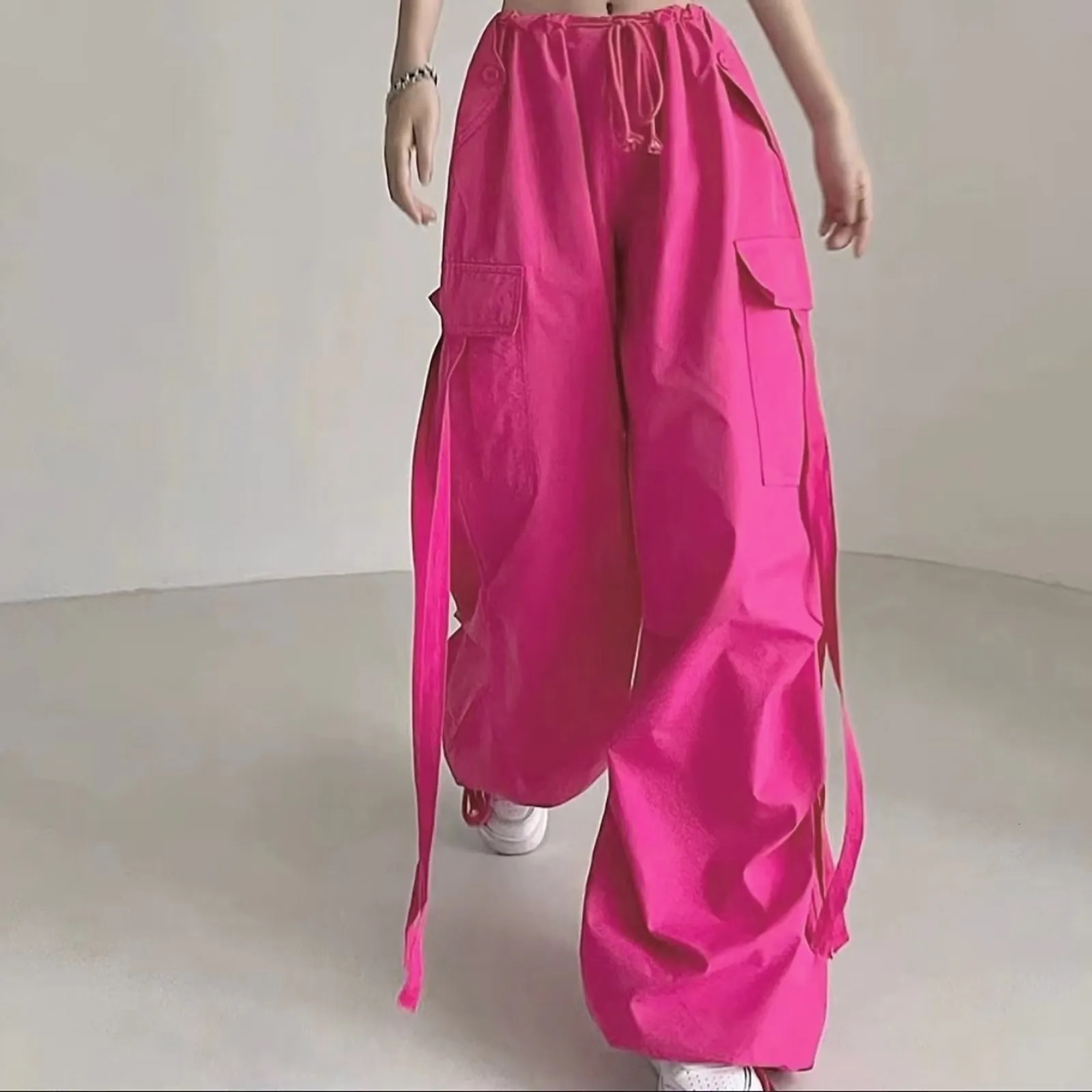 Pink Cargo Pants Summer Oversized Sweatpants Lace Up Ribbon Low Rise Chic Capris Casual Streetwear Womens Pants 240424