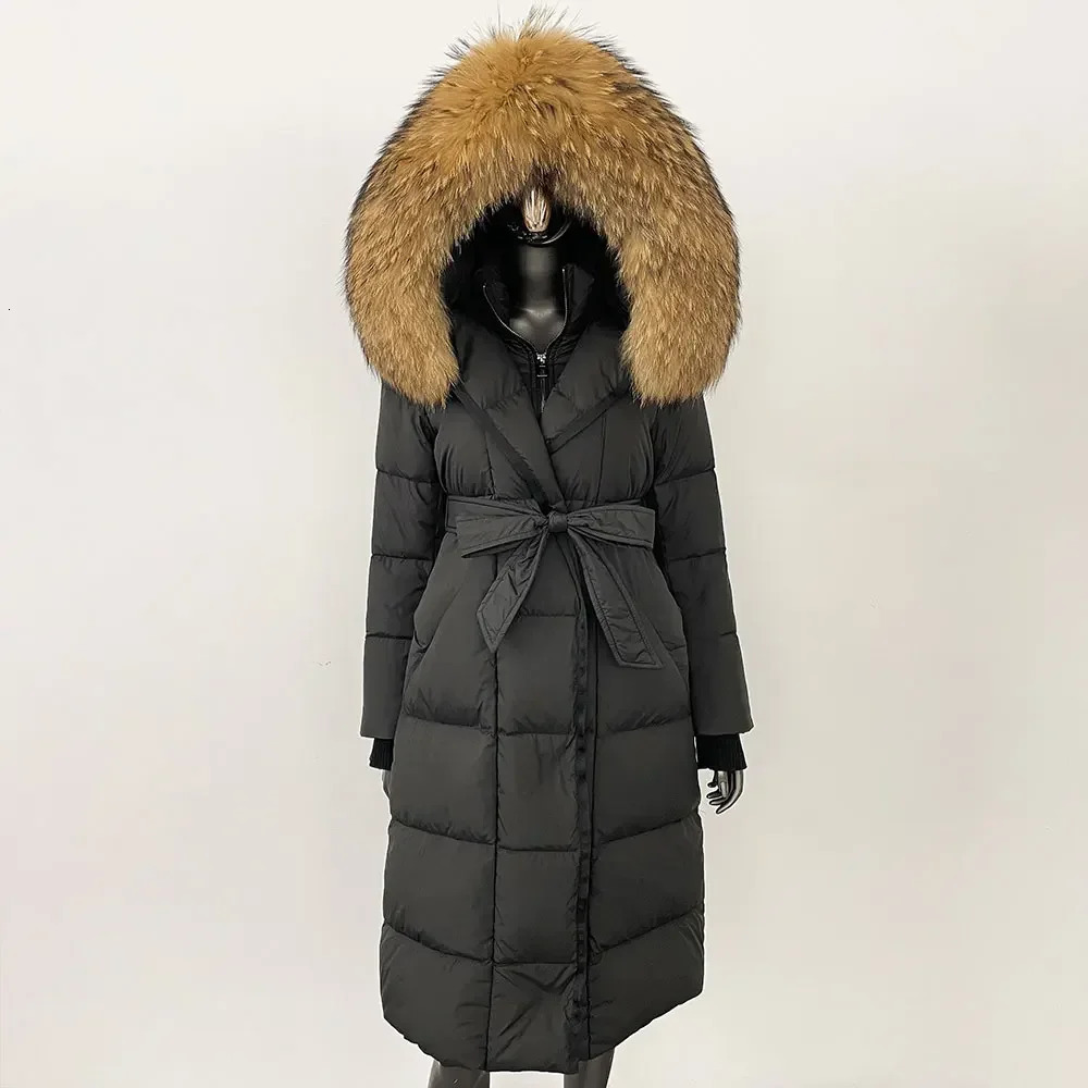 Down Jacket Women Winter Real Natural Fur Hooded Detachable Collar Belt White Goose Coat Long Casual Elegant Overwears 241120