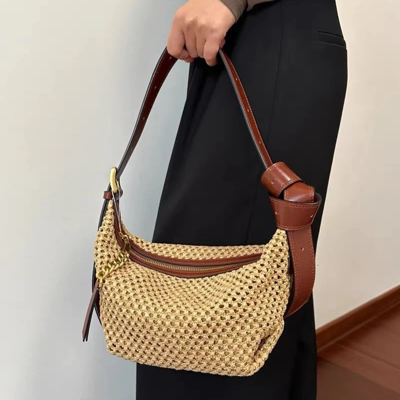 British style homeless beach straw bag womens handbag and wallet blue denim small armpit shoulder 241122