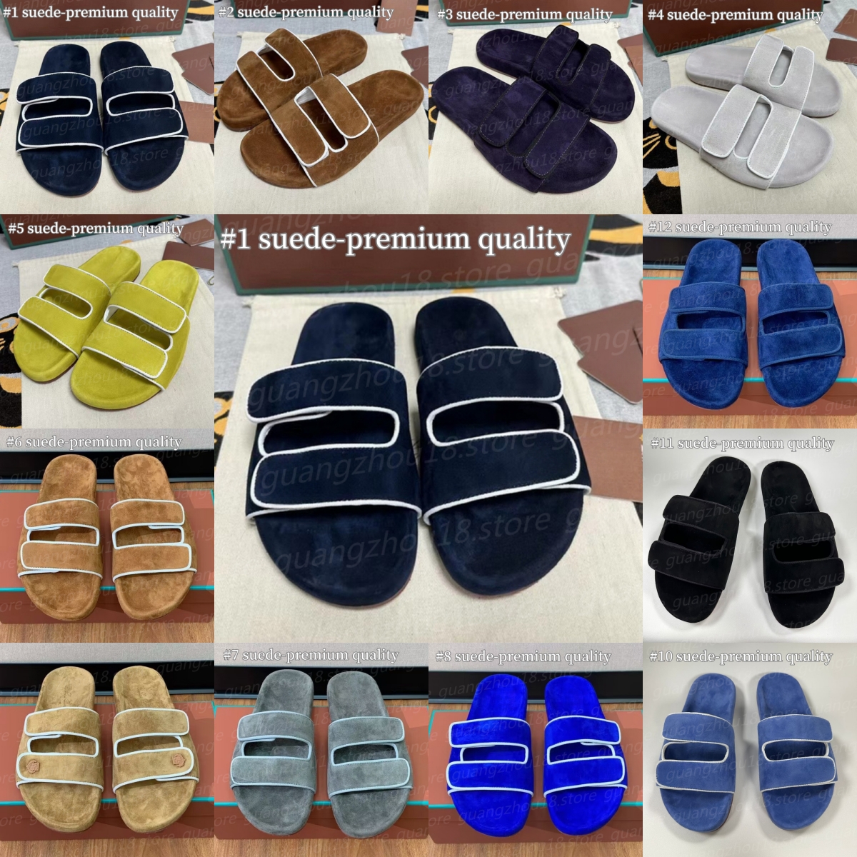 10A Premium Designer Suede Slippers for Women Men Color Blocking Edge Solid Color Hook Couple's Shoes Holiday Beach Style 24892-image-968989861