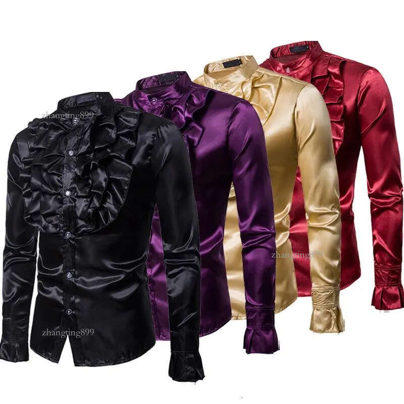 Men's Dress Shirts Autumn Arrival Mens Slim Frill Ruffle Stand Collar Fancy Clothing Wedding Party Stylish Formal Shirt Tops S-2XL