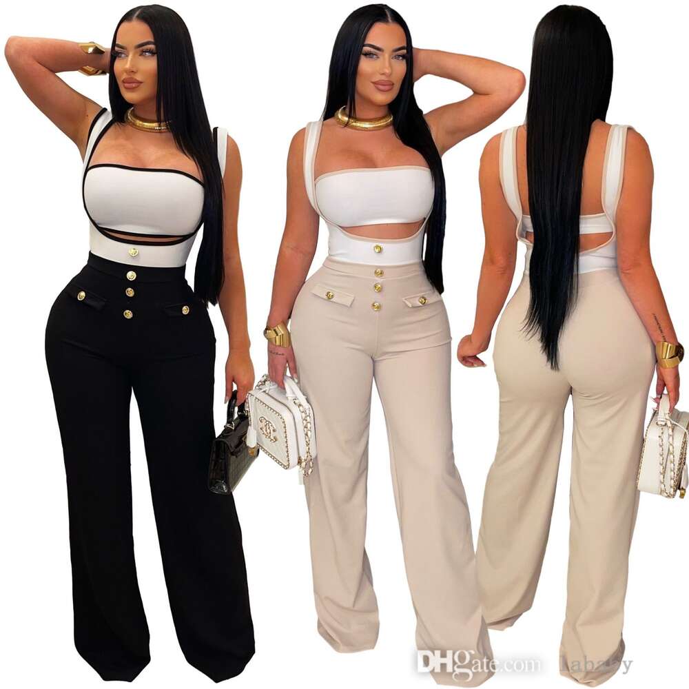 Combinaison élégante 2 pièces ensemble femmes jarretelles soutien-gorge gilet Glam ajusté bouton détails jambes larges pantalons longs Clubwear c