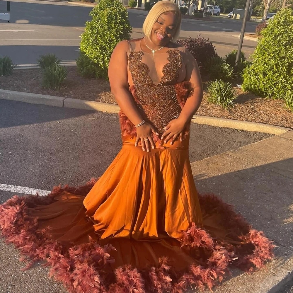 Sexy orange plumes sirène baldiv 2024 perle Gillter African Girls Party Robes