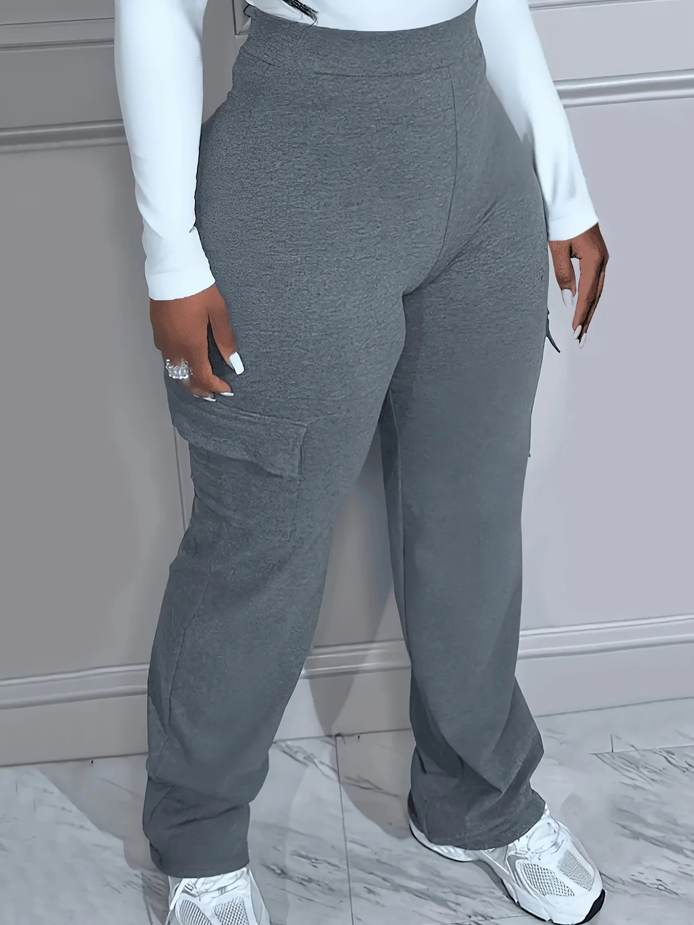 Plus Size Solid Pocket Pants Casual High Waist For Spring Fall Womens Clothing 241121Z