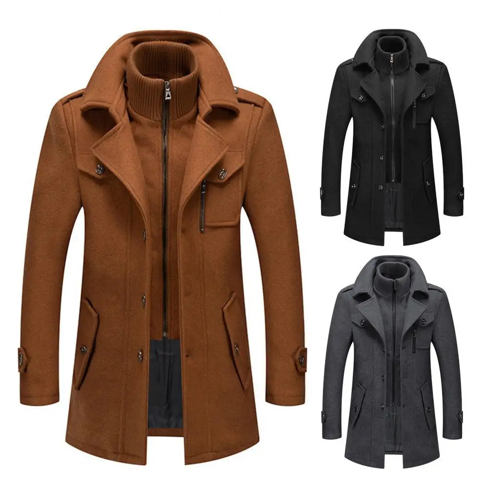Midlength Woolen Coat Stylish Mens with Double Stand Collar Long Sleeve Pockets Solid Color Jacket for Autumn 241120Z
