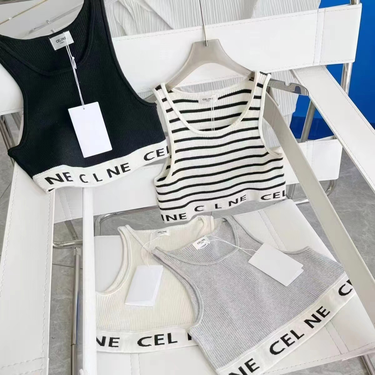 Ce1in Womens Designers Tanks Letter Printing Knit Vest Sweaters T Shirts Designer Striped Letter Sleeveless Tops Knits Fashion Style Ladies Pullo