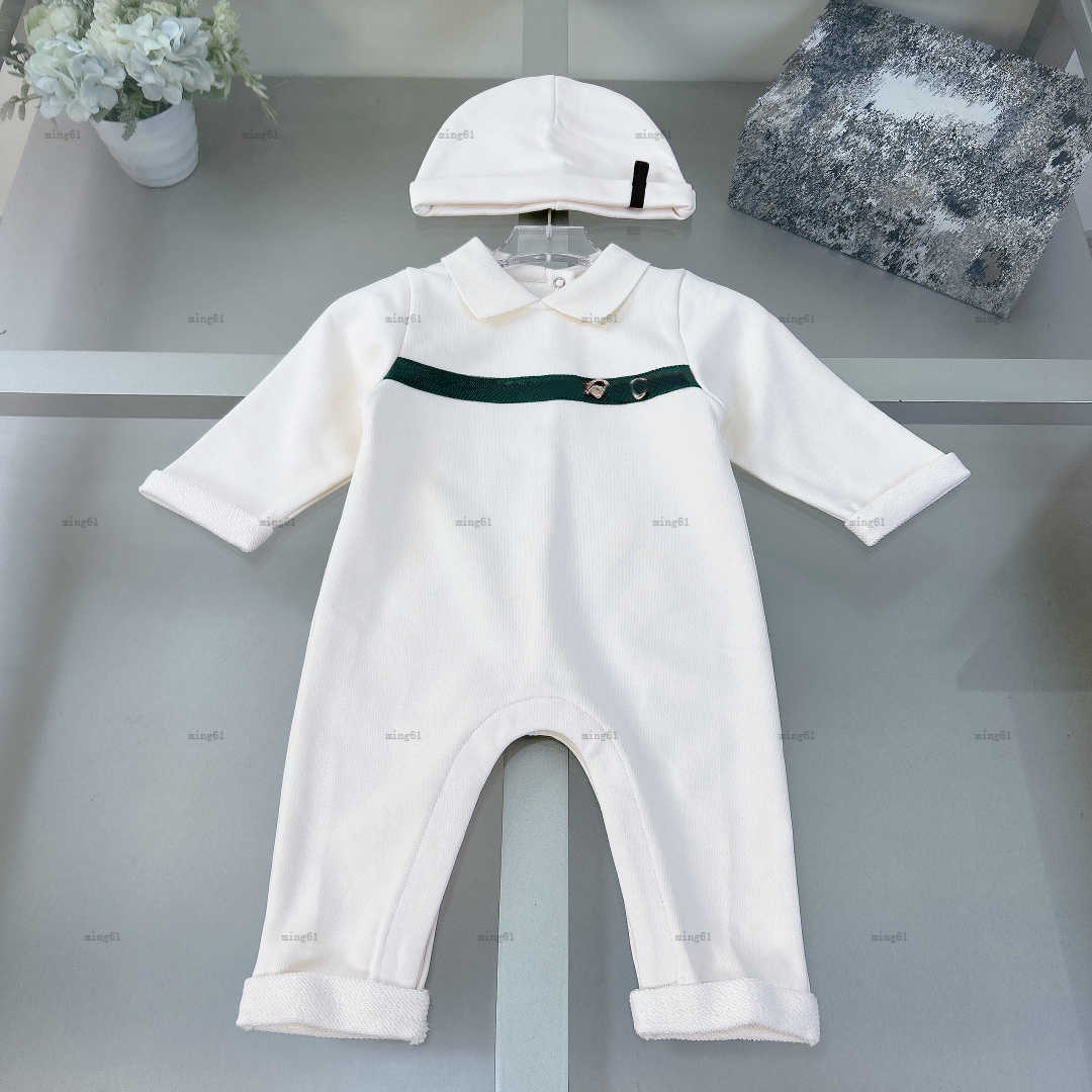 Brand newborn baby jumpsuits Metal logo decoration infant bodysuit kids designer clothes pure cotton toddler romper and Hat-image-1034783818