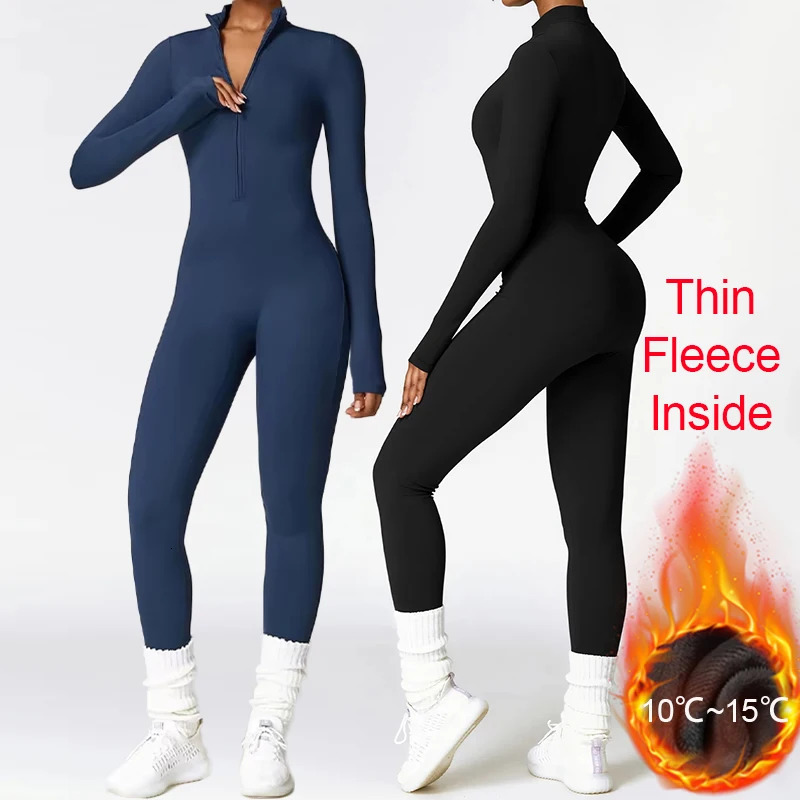 Women Fleece Warm Long Sleeve Yoga Jumpsuit Autumn Winter Fitness Gym Sportswear Thermal Workout Overalls