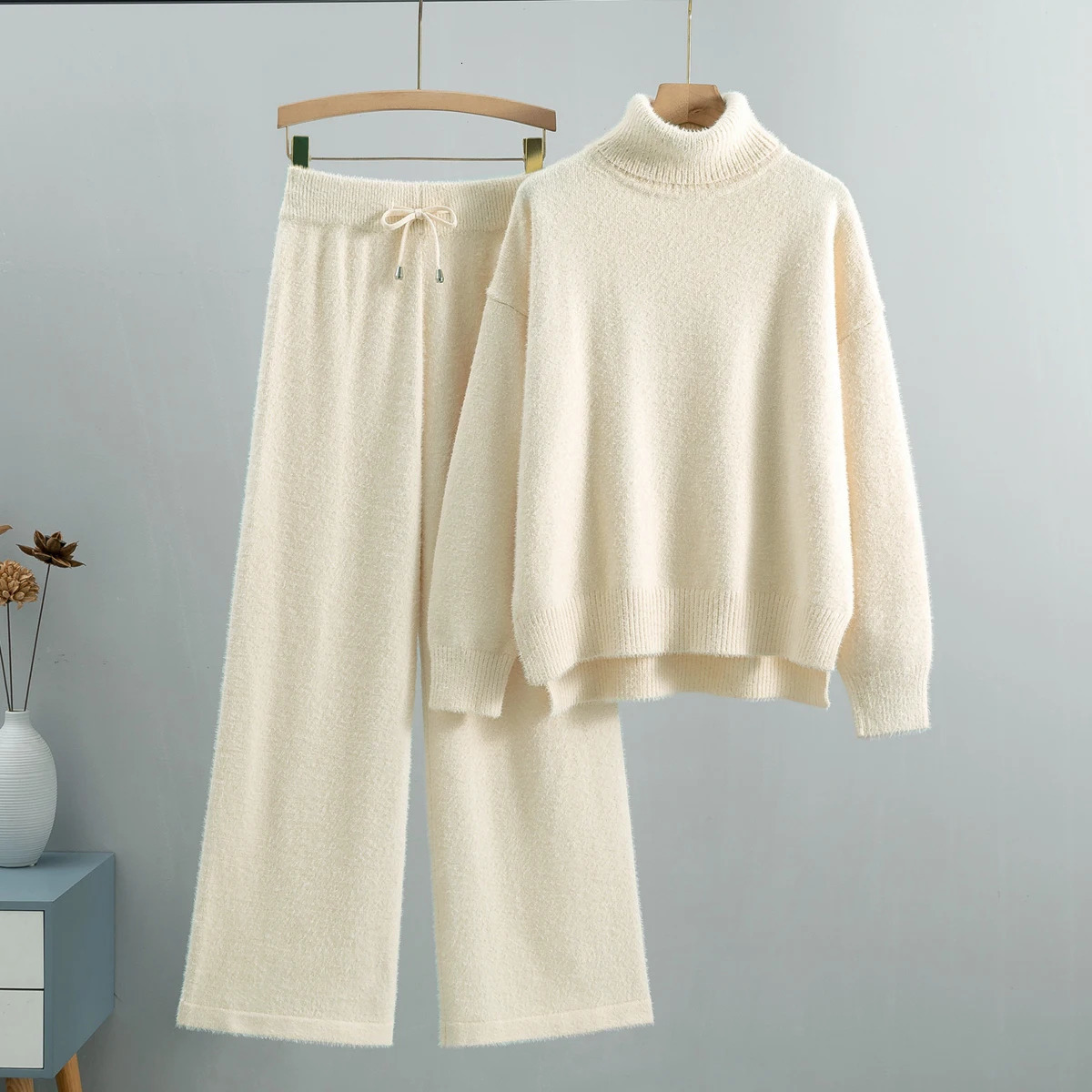 GIGOGOU Mink Cashmere Two Pcs Women Sweater Set Loose Knitted Jumper Pant Tracksuit Fashion Warm Lady Suit 241121