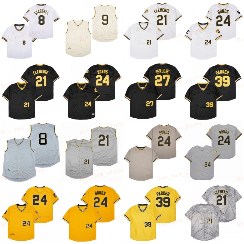 Retired 8 Willie Stargell Baseball Jersey 9 Mazeroski 21 Roberto Clemente 24 Barry Bonds 27 Kent Tekulve 39 Dave Parker Vintage Retro Mesh Stitch-image-972722683