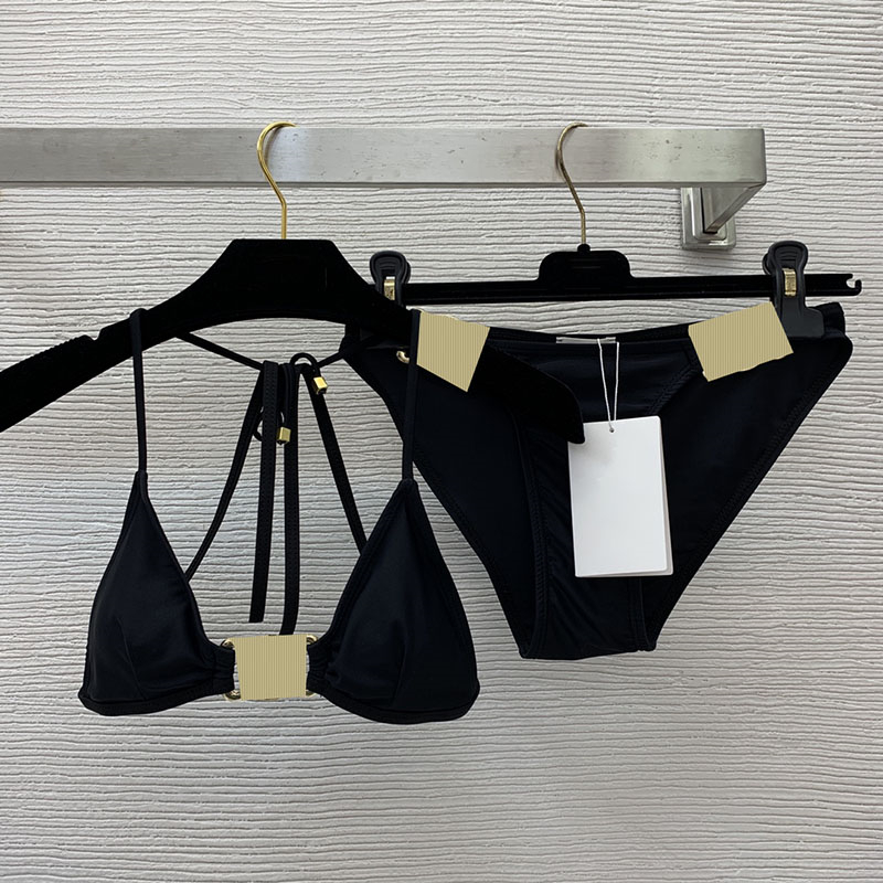Designer Split Bikinis Swimwear Women Black Halter Swim Bra Briefs Set Brand Summer Swimsuit Sexy Sexy Beach Vacation Pool Party Bathing Suit-image-969865759