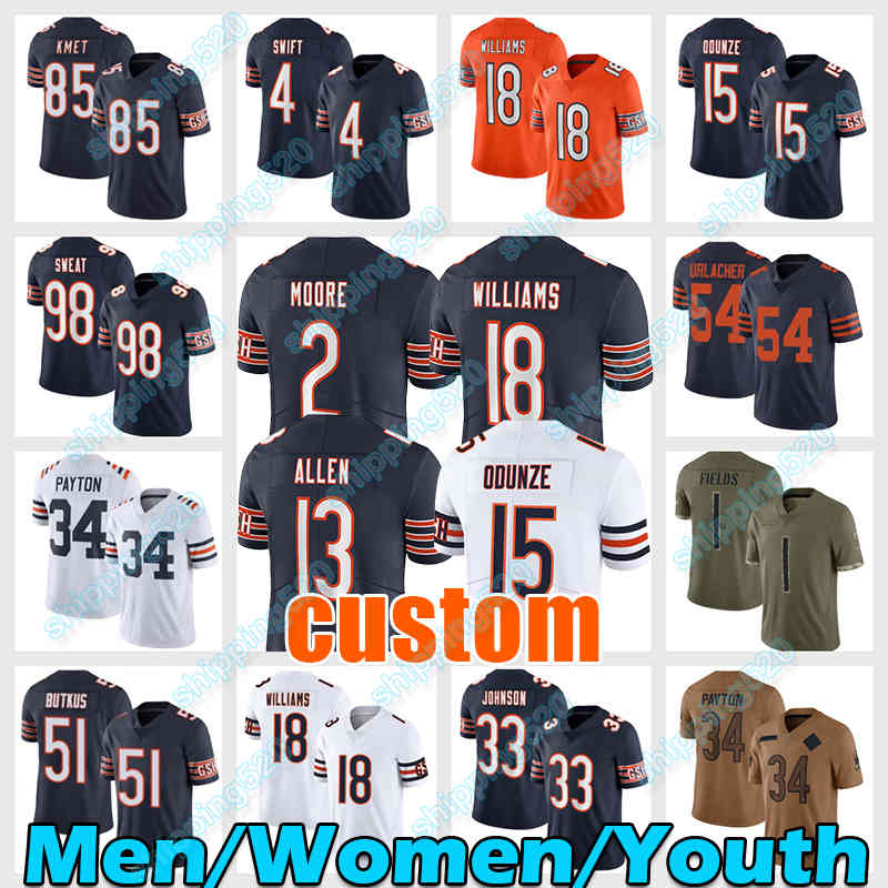 18 Caleb Williams 2 DJ Moore Football Jersey 15 Rome Odunze 13 Keenan Allen D'Andre Swift Jaquan Brisker Cole Kmet Montez Sweat Dick Butkus Brian Urlacher Walter Payton 