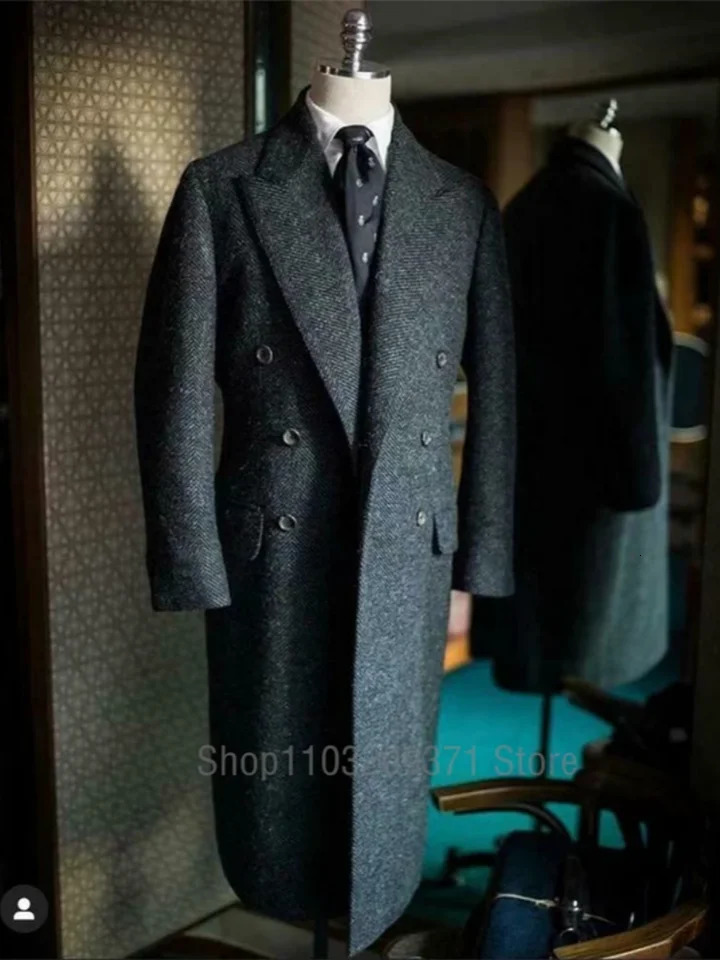 Herringbone Suit Jackets Men Tweed Wool Blend Trench Coat Long Double Breasted Overcoat Military Business Blazer Tailore Made 241120Z