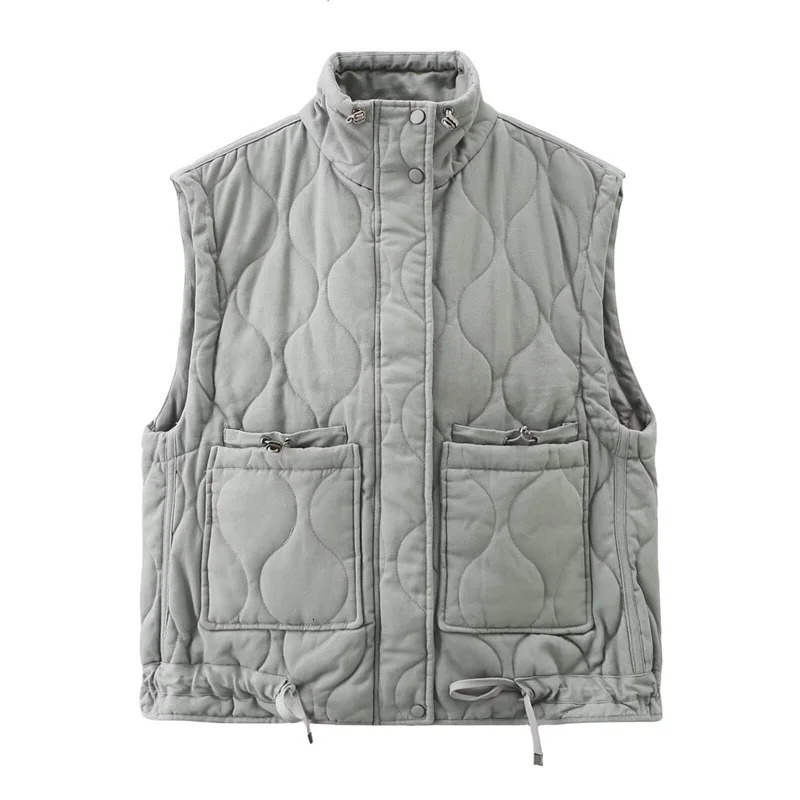 Autumn and winter womens gray vest cotton lined coat warm jacket stand collar sleeveless street jacket 241126