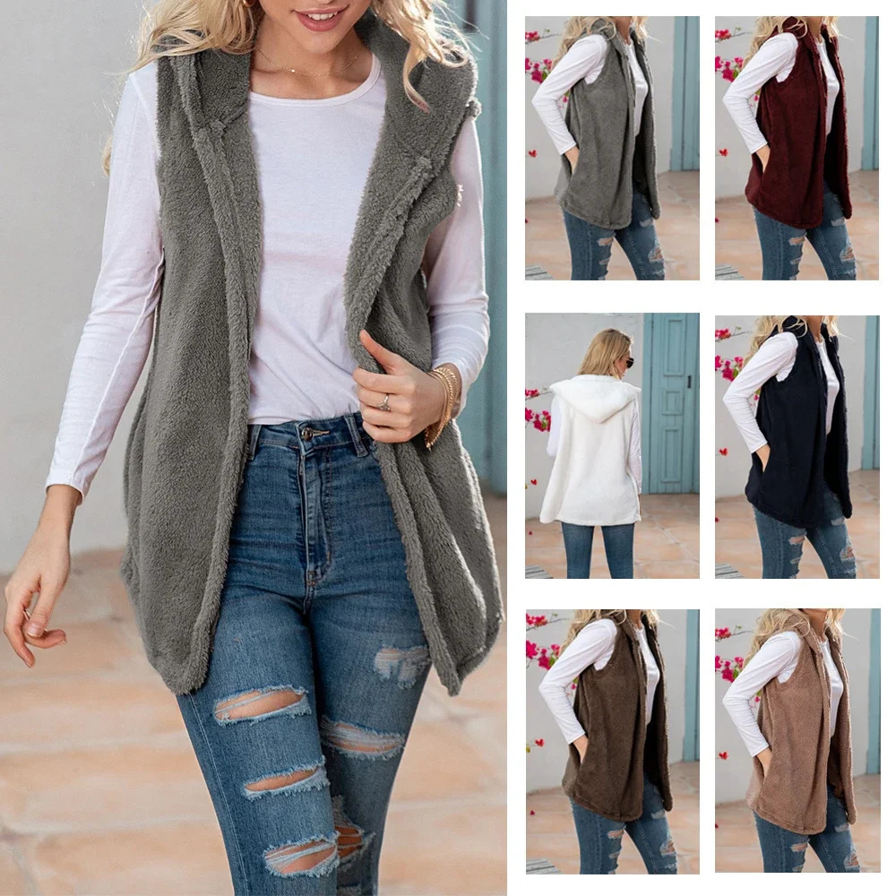 Womens Sherpa Fleece Vest Oversized Sleeveless Cardigan Fashion Solid Jacket with Hood y241121Z