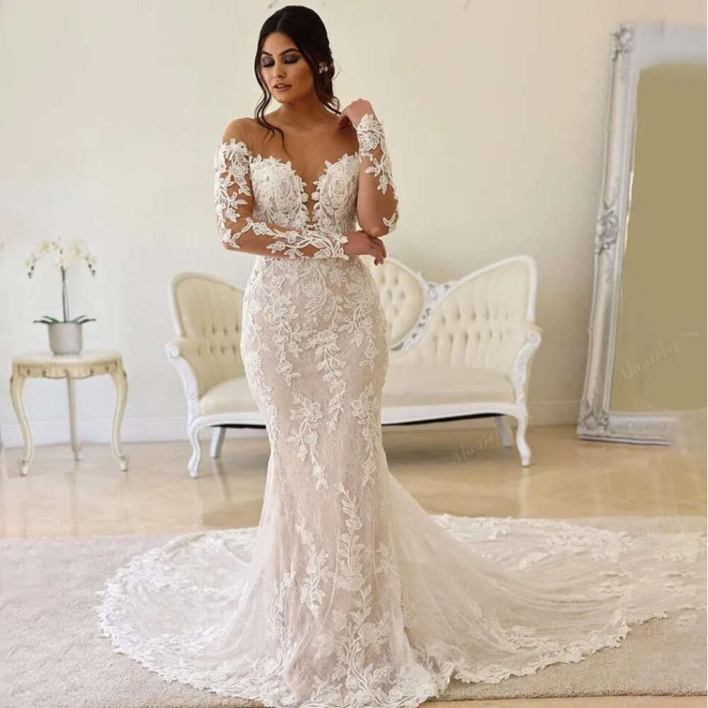 Chic Womens Wedding Dress with Sheer Mesh Top Lace Appliques and Backless Design for Elegant Brides Vestidos De Novia