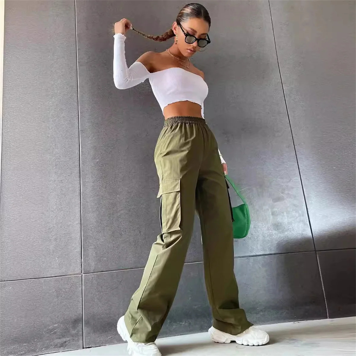 Donne chic grandi tasche cargo y2k alto elastico in vita pantaloni larghi pantaloni con cerniera sciolta casual vintage pantaloni dritti 241121z 241