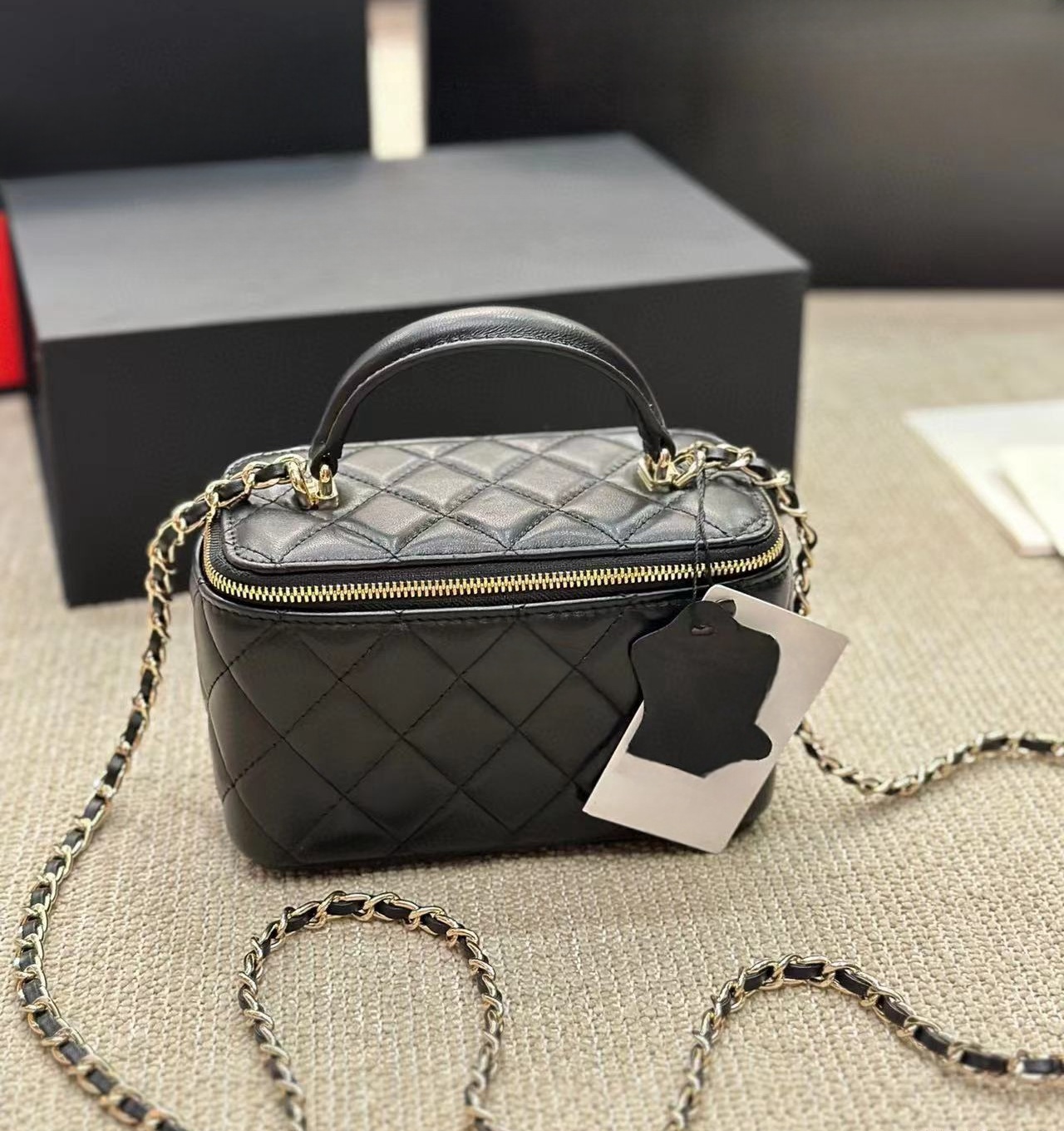 Quilted Vanity Box Womens Top Handle Crossbody Bag | Black Matelasse Leather Designer Tote Cosmetic Lipstick Holder