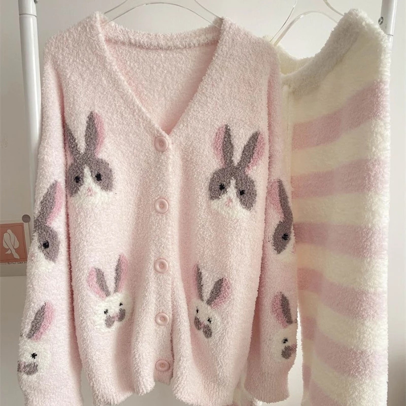 Korean Fashion Sweet Kawaii Plush Pink Knitted Pajama Set for Autumn and Winter Thickened Warm Leisure and Casual Womens Pajamas 241125