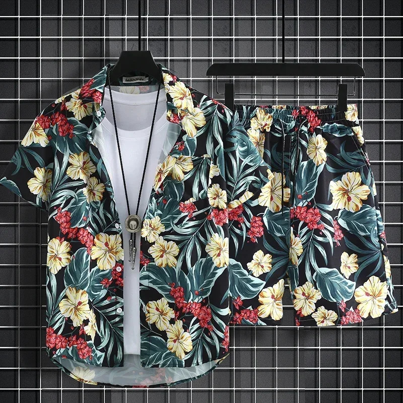 Summer Short Sleeve Flower Shirt Mens Beach Sets Hawaiian Island Style Retro Handsome Casual Thin 240412