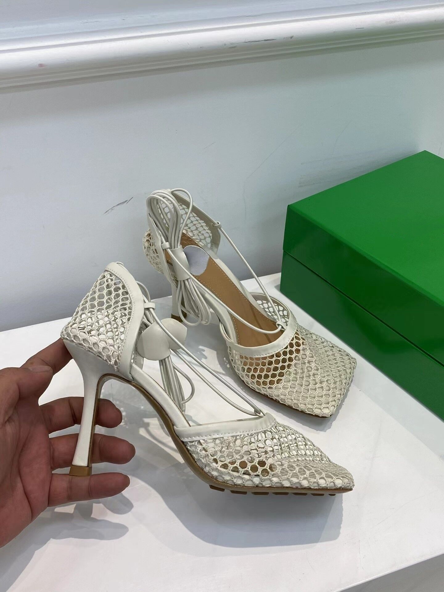 Fashion Women's Fishnet High Heels Sexy Square Toes Lace Up Thin Heels Women Shoes-image-969751641