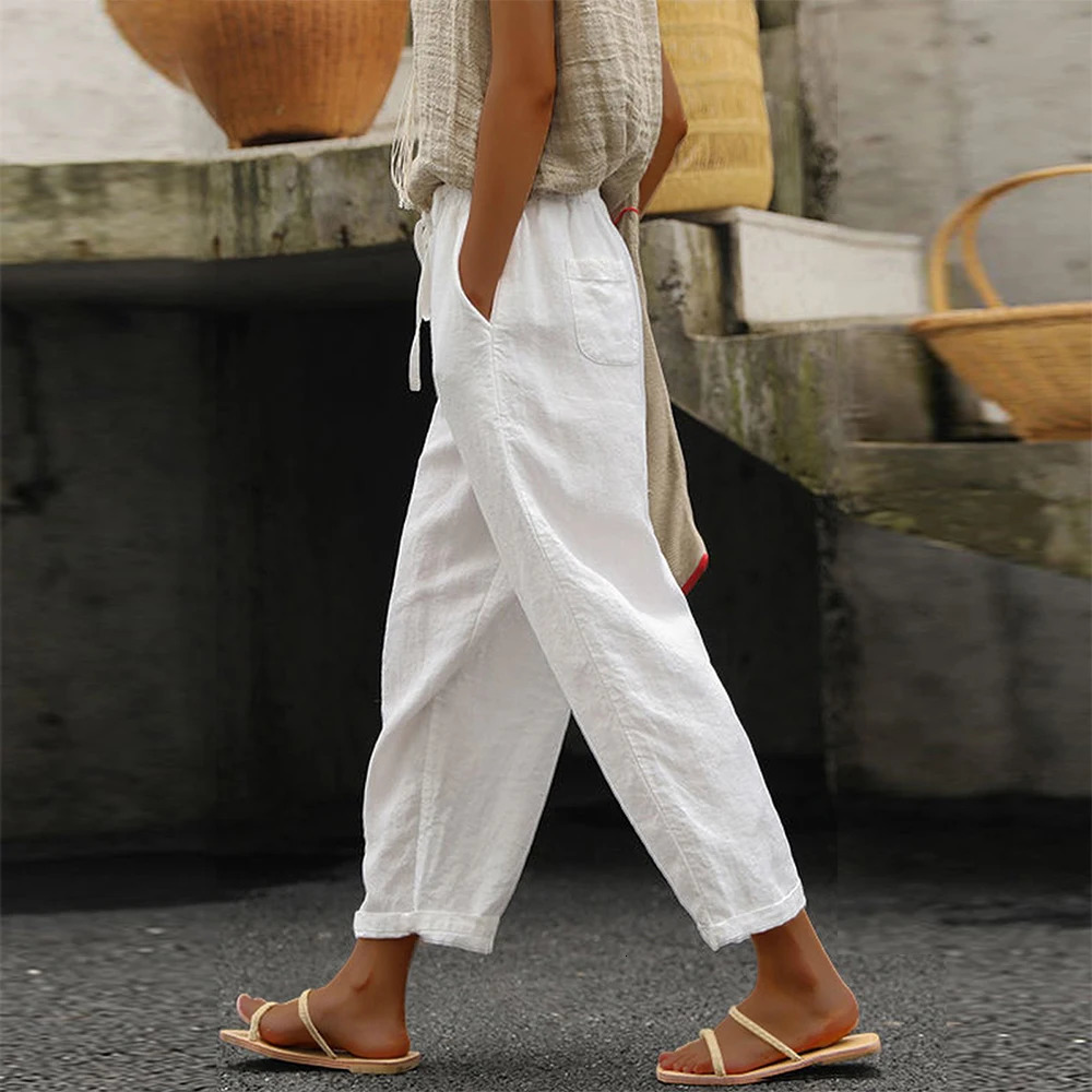 Women Simple Casual Trousers Cotton Linen Solid Color Pockets Drawstring Summer Thin Ladies Elastic Waist Chino Pants 241121Z