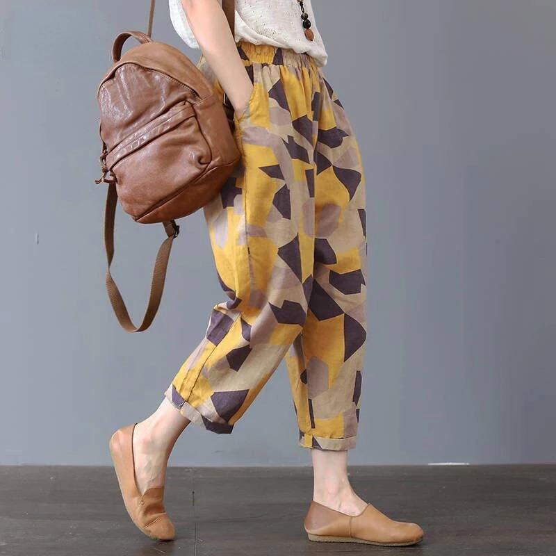 Cotton and Linen Pants for Women Summer Printing Harem Female Mother Loose Retro Fashion Womens Ankle Length 241121Z