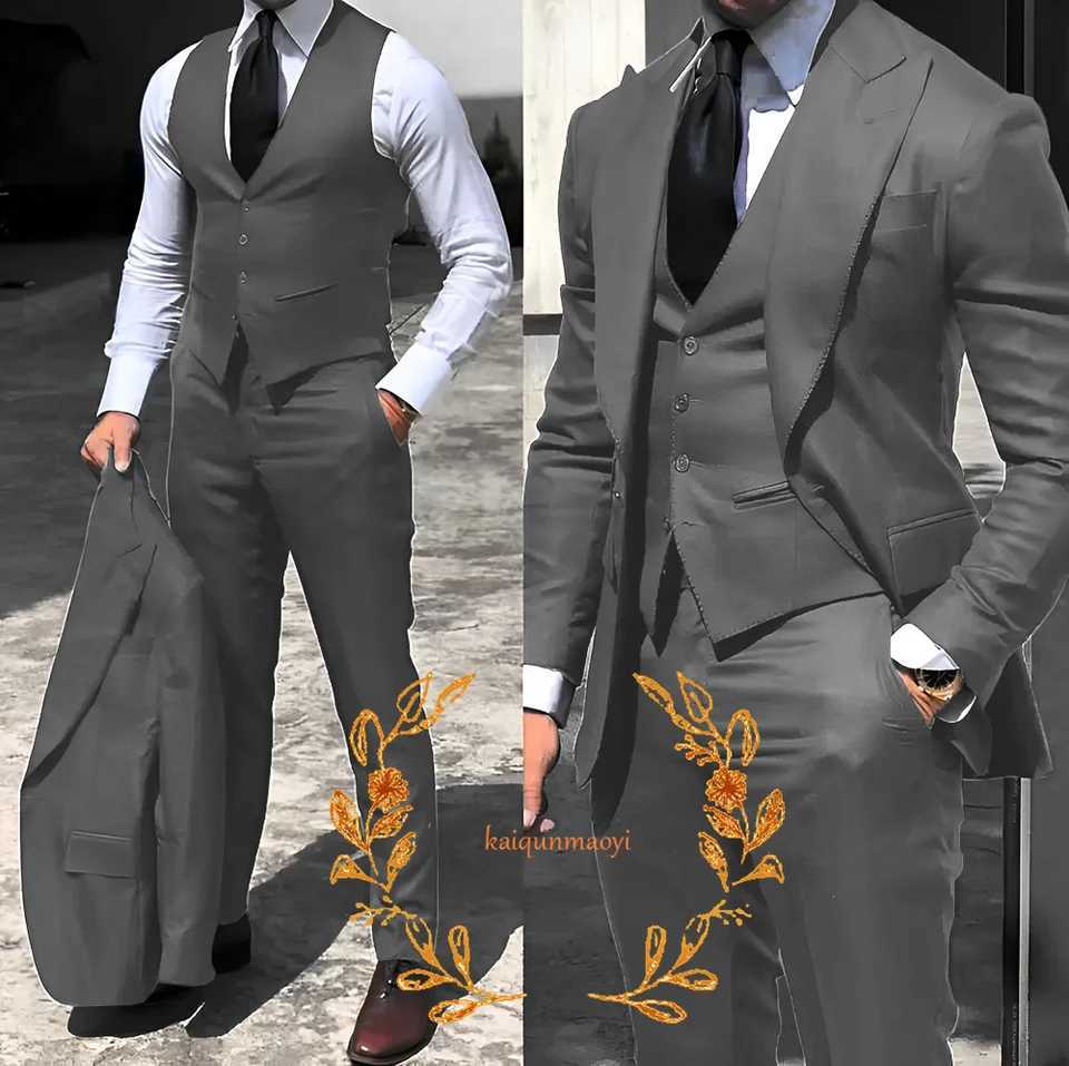 Grey business mens 3-piece jacket pants vest formal office uniform slim and elegant mens clothing XS-5XL X241126