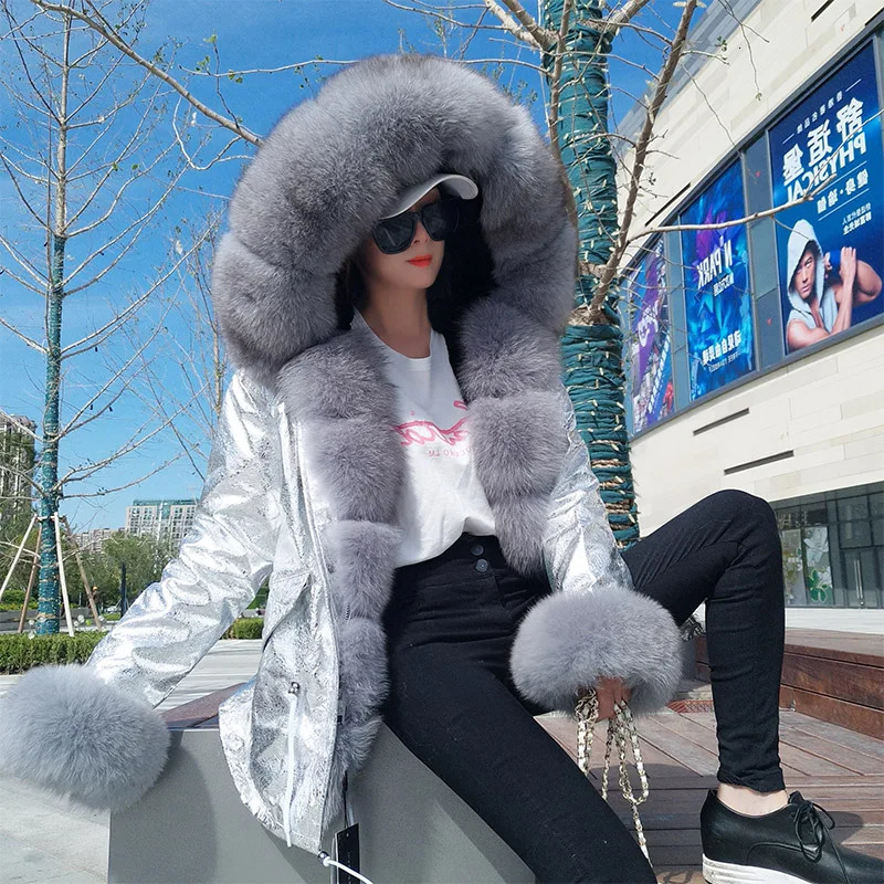 MaoMaoKong Winter Jacket Parka Natural Real Fur Collar Artificial Fur Lining Womens Fur Coat Inner Fur Leather Jacket with Real Fox Fur Collar 24112