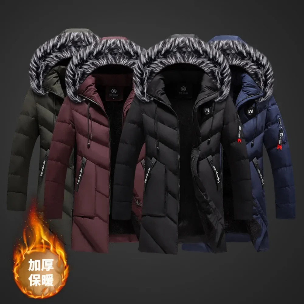 Winter Fleece Mens Long Parkas Jacket Fashion Men Fur Collar Thermal Parka Coats Casual Warm Windbreaker Padded Male Clothing 241121Z
